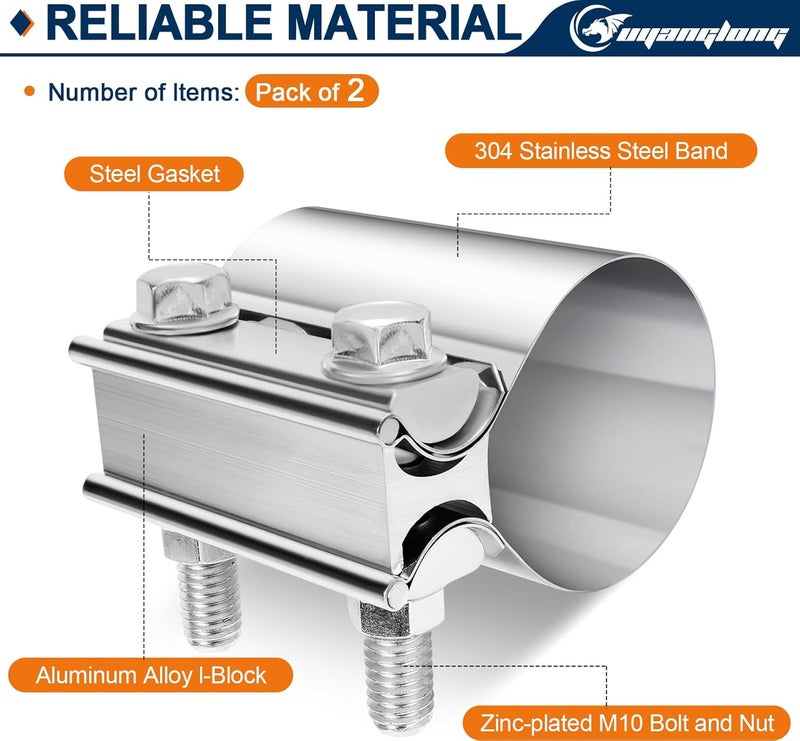 ouyanglong 2.75 Inch Exhaust Clamp, 2 3/4" Butt Joint Band Clamp Stainless Steel Sleeve Coupler for Pipes,Mufflers,Catalytic Converters - 2 Pack - Image 3